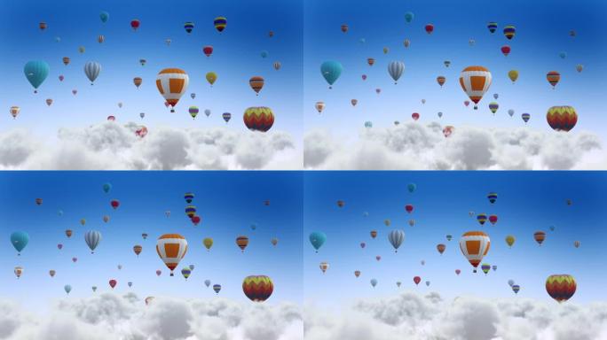 彩色气球在云层中飞行。气球节。