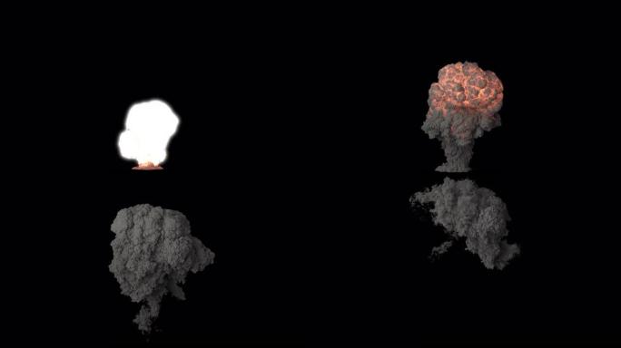 带有黑烟的炸药的强大爆炸。带有alpha通道的孤立黑色背景上的黑烟爆炸，炸弹或燃料爆炸，真实烟雾。