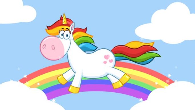 微笑的魔法独角兽卡通吉祥物角色带着云在彩虹周围奔跑