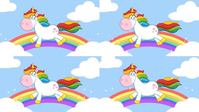 微笑的魔法独角兽卡通吉祥物角色带着云在彩虹周围奔跑