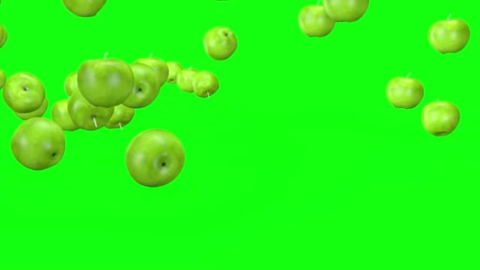 水果混合，绿色背景上的动画苹果动作，3D动画。