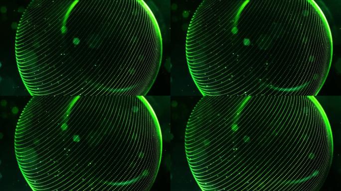 4k循环科幻绿色背景，带有散景和灯光效果。辉光绿色颗粒形成线条，表面，线球形结构作为虚拟空间或全息图