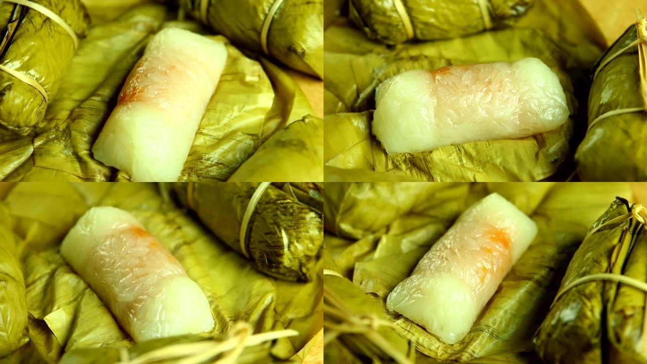 用香蕉叶或Khao tum mad蒸的糯米