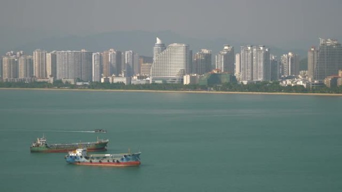 三亚城市海湾停车场酒店景观全景4k中国海南