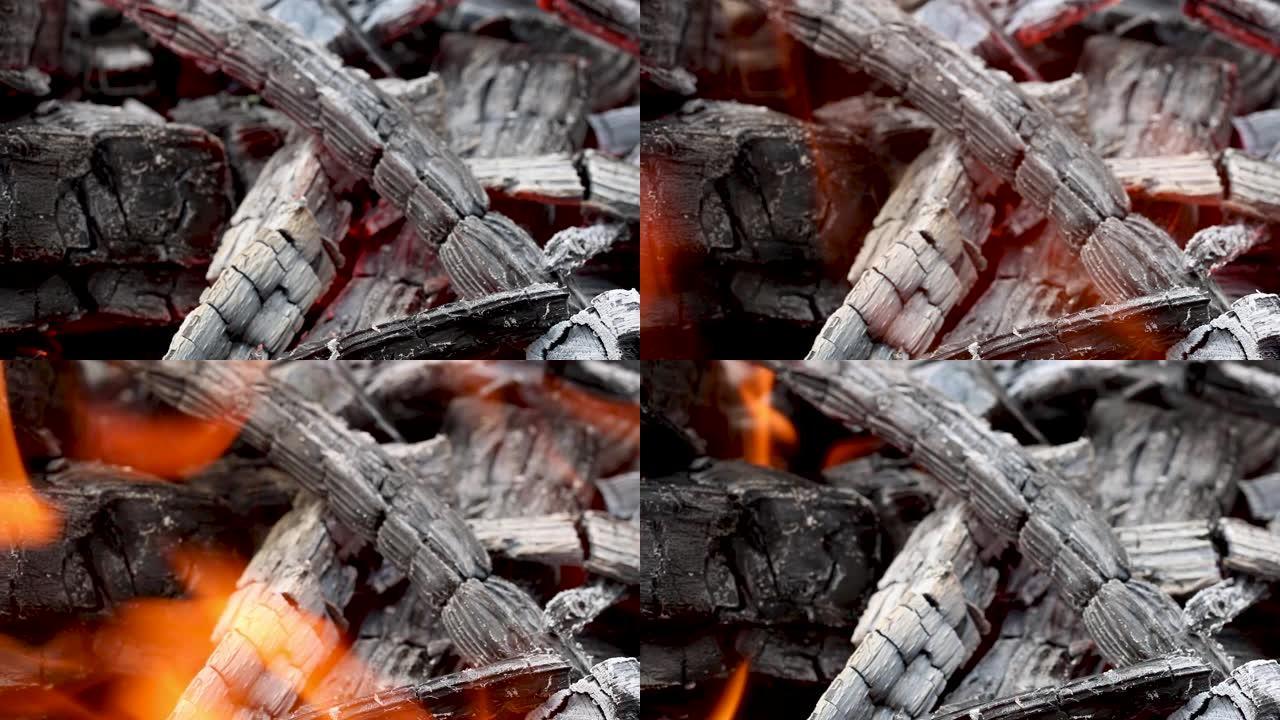 燃烧形成煤的木屑。烧烤准备，烹饪前烧火。由加热很大的木材制成的热煤。