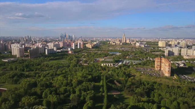 俄罗斯莫斯科市大学生活街区公园空中晴天全景4k