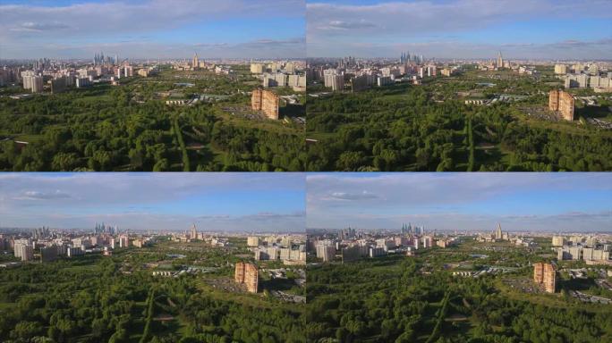 俄罗斯莫斯科市大学生活街区公园空中晴天全景4k