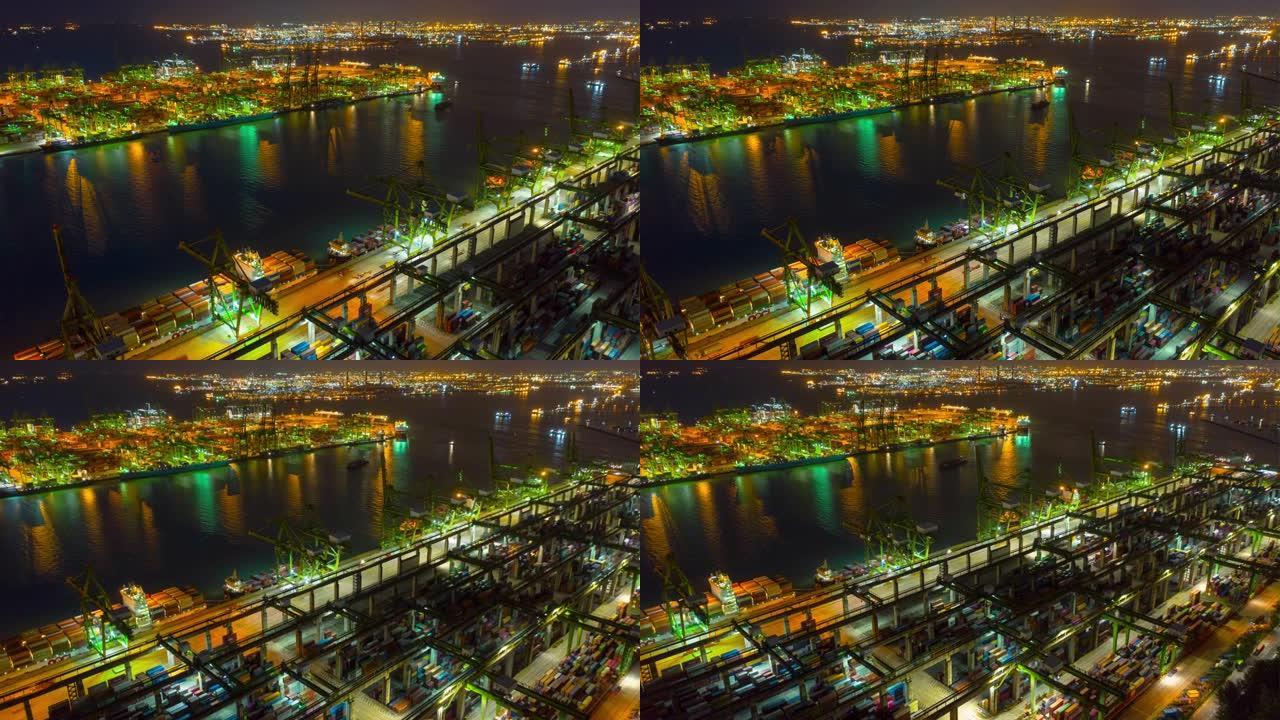 夜间照明新加坡城市著名集装箱港口海湾空中延时全景4k