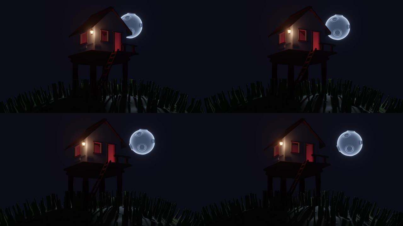 田野中间的一个孤独的木头小屋农舍。满月照耀着房子。卡通低聚动画风格。