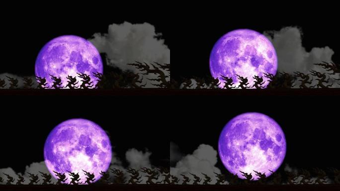 超级紫月回到夜空，模糊乌云在屋顶移动通过