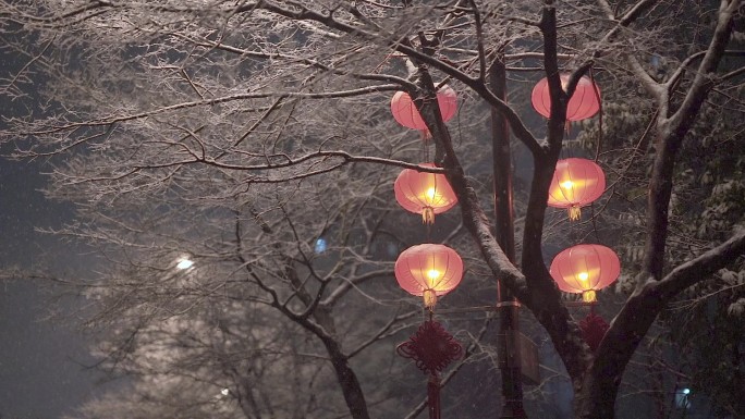 城市冬夜下雪街景实拍素材