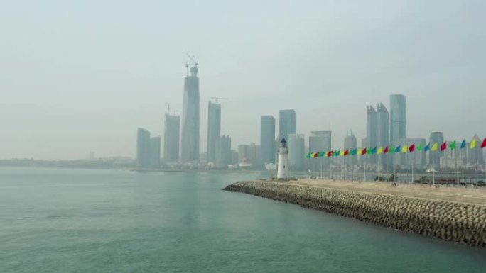 晴天青岛城市湾建设著名的光屋码头空中全景4k中国
