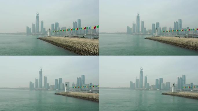 晴天青岛城市湾建设著名的光屋码头空中全景4k中国