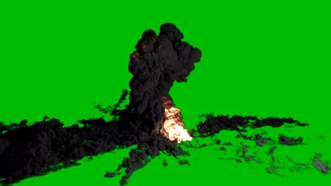 爆炸和火灾的特写。爆炸有浓烟，巨大的真实气体爆炸，火和炸弹爆炸，真实烟雾。绿屏前的VFX动画。