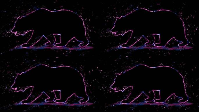 熊的美丽轮廓的4k视频动画，具有霓虹灯照明和分散效果。动物轮廓与霓虹灯效果隔离在黑色背景。