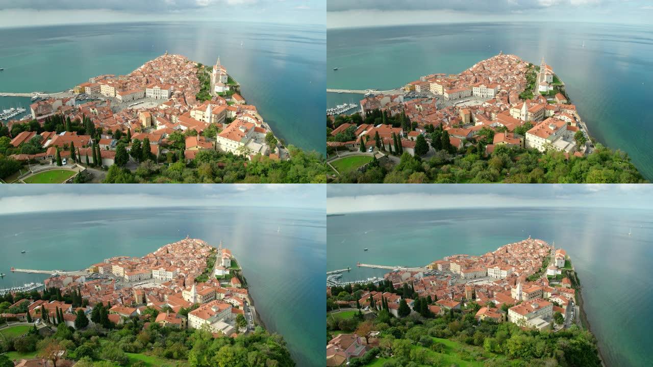 无人驾驶飞机在海洋上拍摄城市的轨道