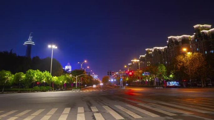 南京市夜间照明著名体育场区交通街延时全景4k中国