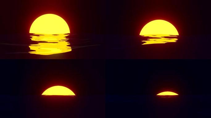 傍晚时分，又大又美丽的橙色太阳正慢慢落在地平线后面。用金色阴影描绘周围的一切。在水中反射，创造阳光路
