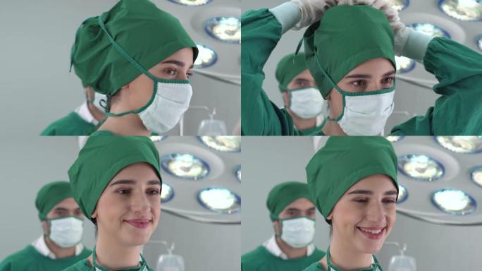 女医生在手术室穿手术服的肖像 (脸部特写)