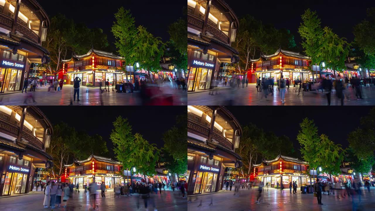 夜间照明南京市老城区著名拥挤广场延时全景4k中国