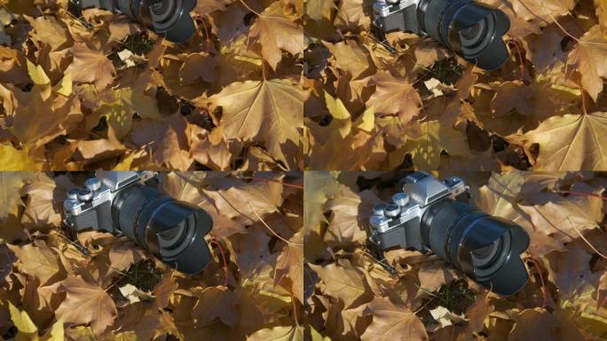 秋天的相机在地上。