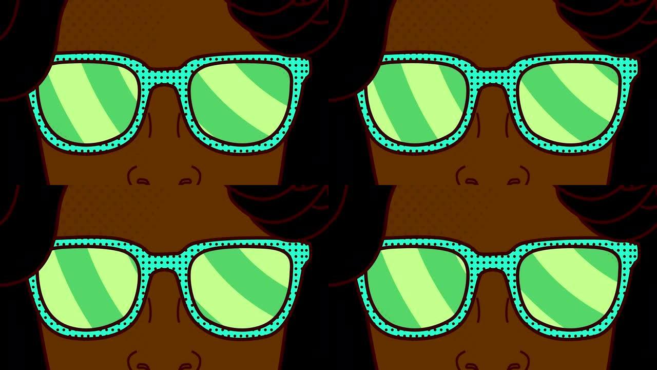 漫画脸戴着太阳镜的动画，旋转绿色条纹无缝循环移动