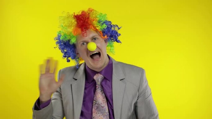 戴着假发的小丑商人企业家老板挥舞着双手。黄色背景