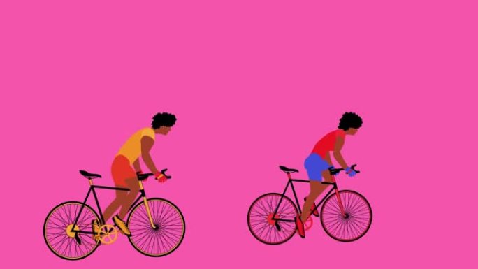非裔美国人骑自行车的人在粉红色背景上骑自行车。带有alpha chanel的卡通动画，平面设计，循环