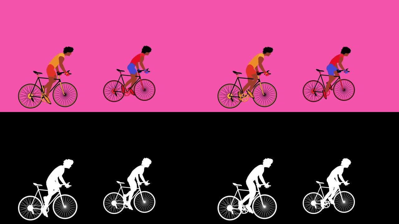 非裔美国人骑自行车的人在粉红色背景上骑自行车。带有alpha chanel的卡通动画，平面设计，循环