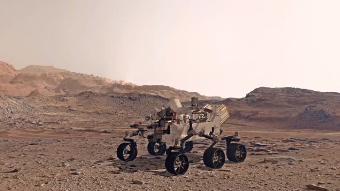 火星。毅力漫游者在真实的火星景观背景下部署设备。探索火星任务。火星上的殖民地。NASA提供的这段视频