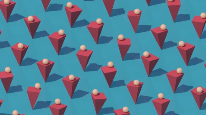 兵马俑金字塔和米色球，蓝色背景。抽象动画，3d渲染。