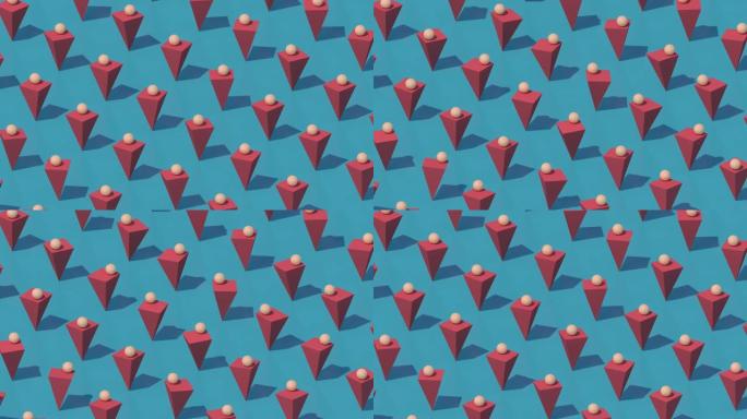 兵马俑金字塔和米色球，蓝色背景。抽象动画，3d渲染。