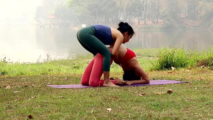 瑜伽教练协助调整Urdhva Dhanurasana或Chakra-asana或户外公园垫子上的车轮
