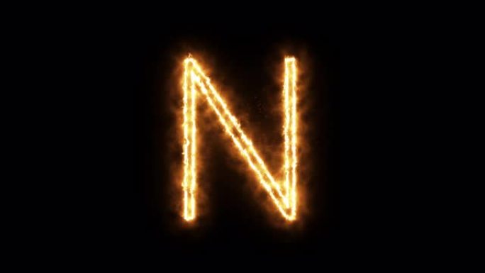 燃烧火焰的字母 “N”。燃烧字体或篝火字母文本，带有炽热的炽热光芒。3D渲染。