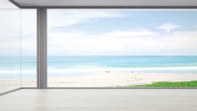 海景豪华夏季海滨别墅的大客厅，有大玻璃窗和木地板。