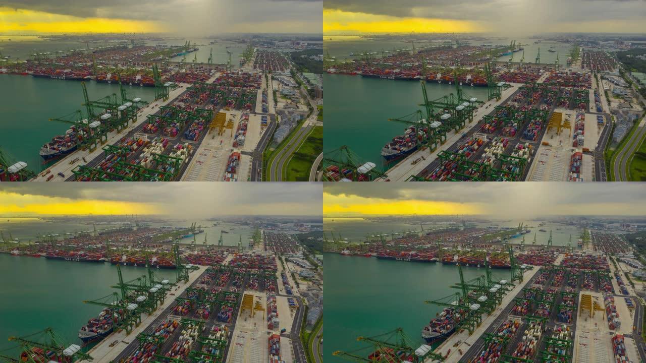 日落时间新加坡城市著名交通集装箱港口码头空中延时全景4k