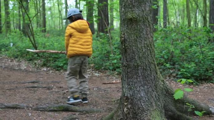 这个男孩蒙面的脸在森林里的树干上撞了一根棍子。压力放松。