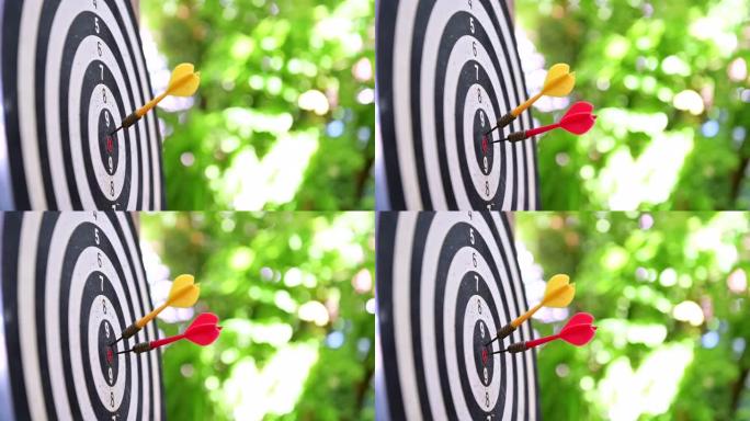 在花园里玩飞镖棋盘游戏。商业成功和目标。在家锻炼和活动。