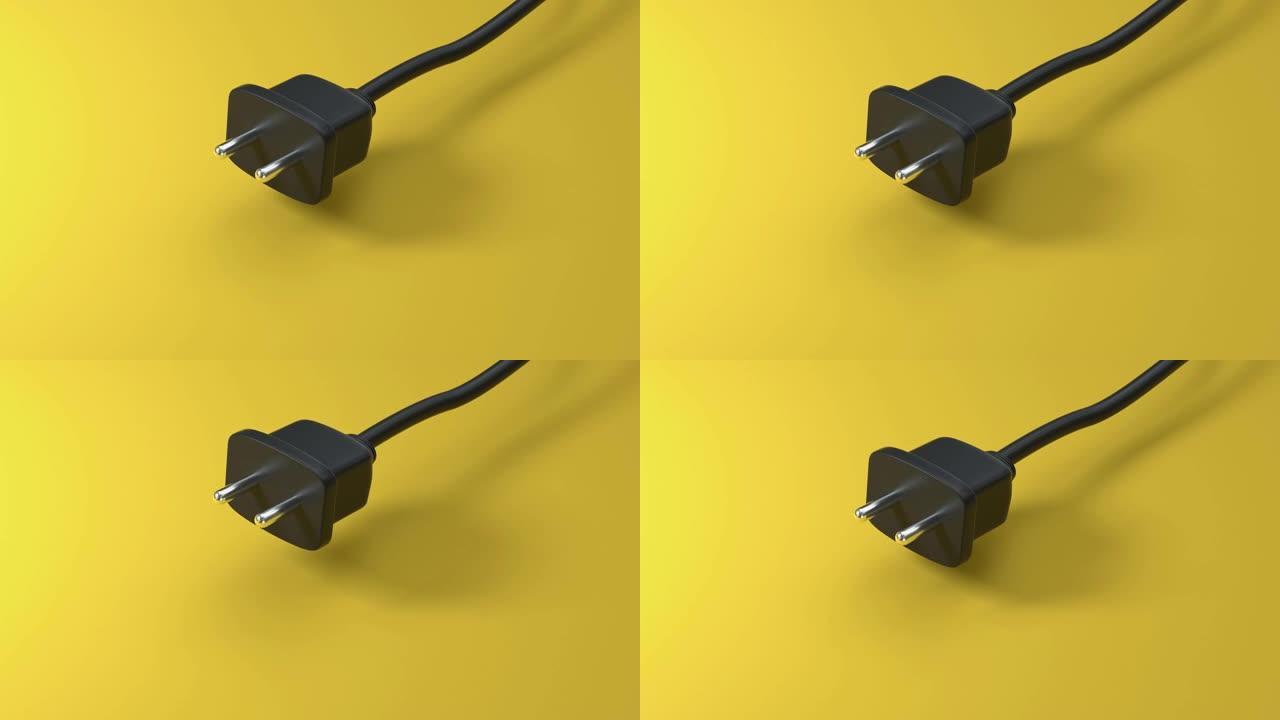 黄色场景抽象运动黑色电源线插头3d渲染
