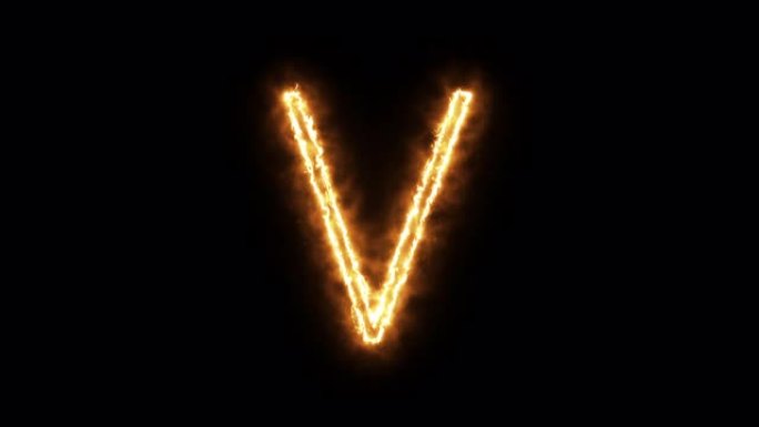 燃烧火焰的字母 “V”。燃烧字体或篝火字母文本，带有炽热的炽热光芒。3D渲染。
