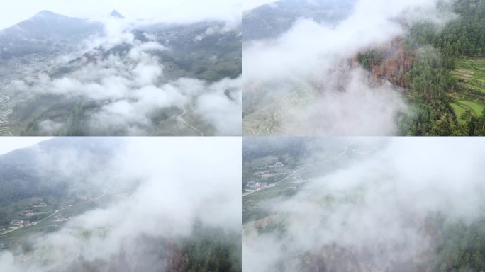 群山云海河流村庄人间仙境梯田原野