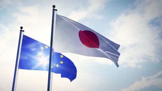 日本和欧盟的欧盟旗帜显示了政治伙伴关系和谈判。