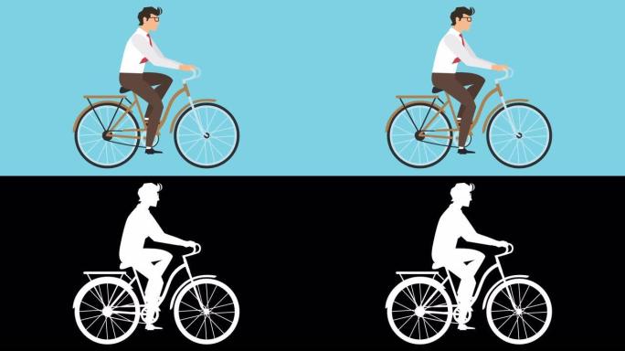 商人自行车骑车人角色卡通自行车循环动画与亮度哑光隔离
