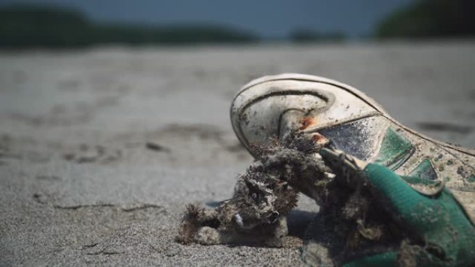 沙滩上被遗忘的旧鞋