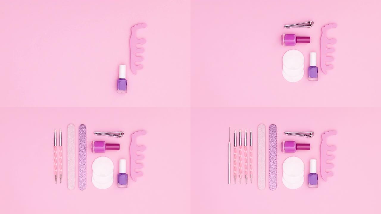 粉彩美甲和修脚工具出现在粉彩粉色主题上。停止运动