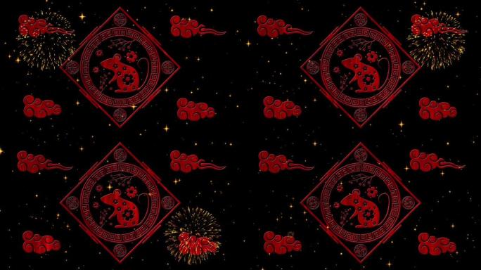 农历新年，春节背景与老鼠simbol，烟花，闪闪发光的星星。农历新年节日活动的黑色星空背景。3D渲染
