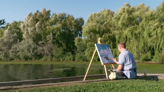 湖岸的人绘画