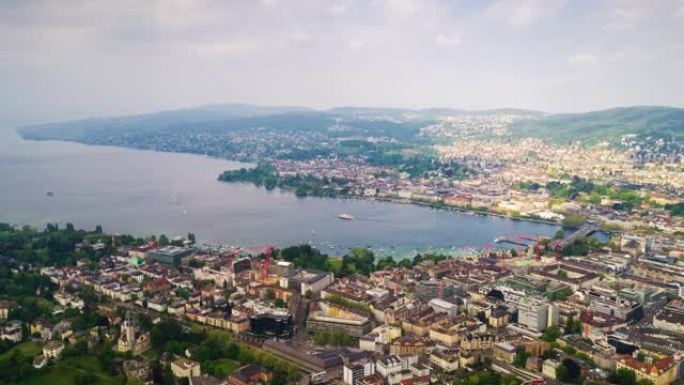 阳光明媚的苏黎世城市景观湖边空中全景4k时光流逝瑞士