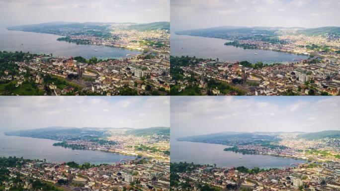 阳光明媚的苏黎世城市景观湖边空中全景4k时光流逝瑞士