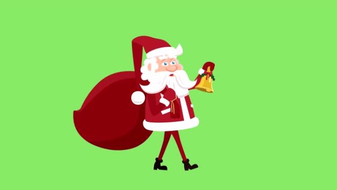 卡通圣诞老人扁平人物，带礼品袋和圣诞铃铛步行自行车动画